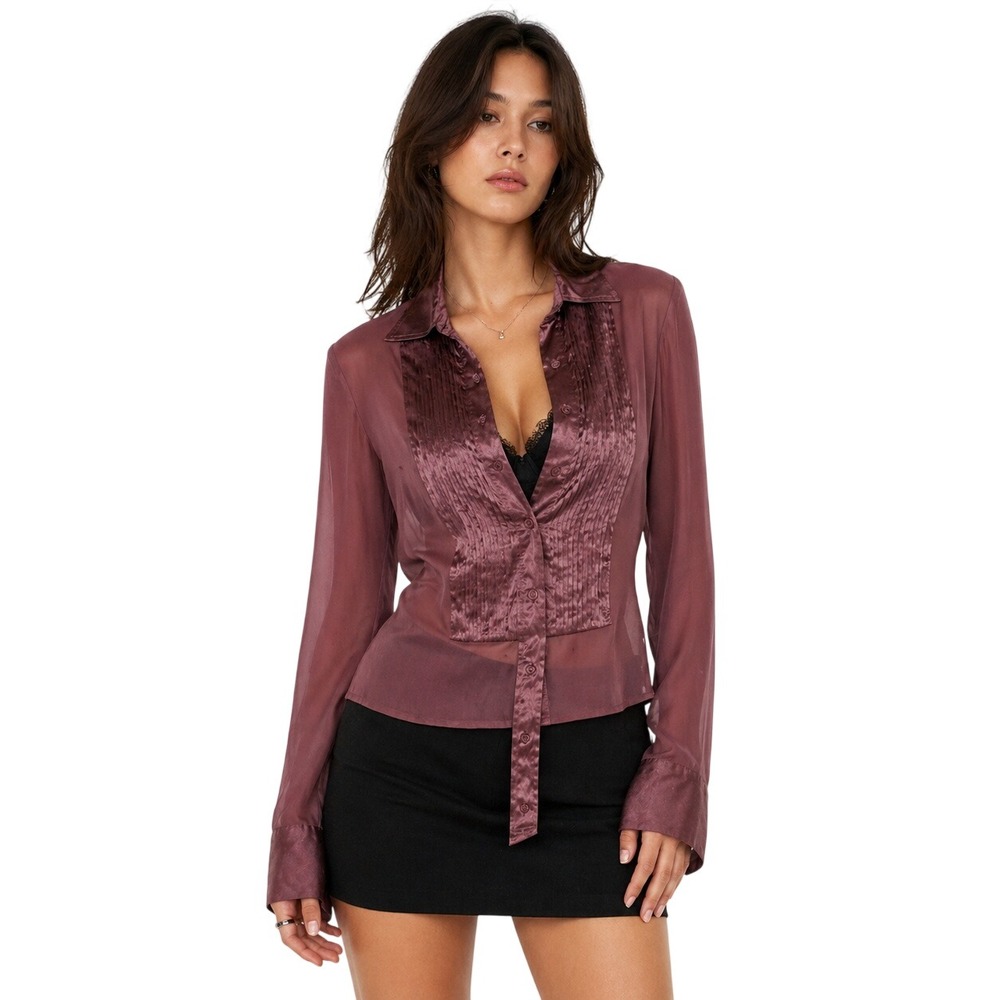 ARAYAL Silk Blend Sheer Satin Tuxedo Blouse Mauve Pintuck Tie Front Y2K Size 40